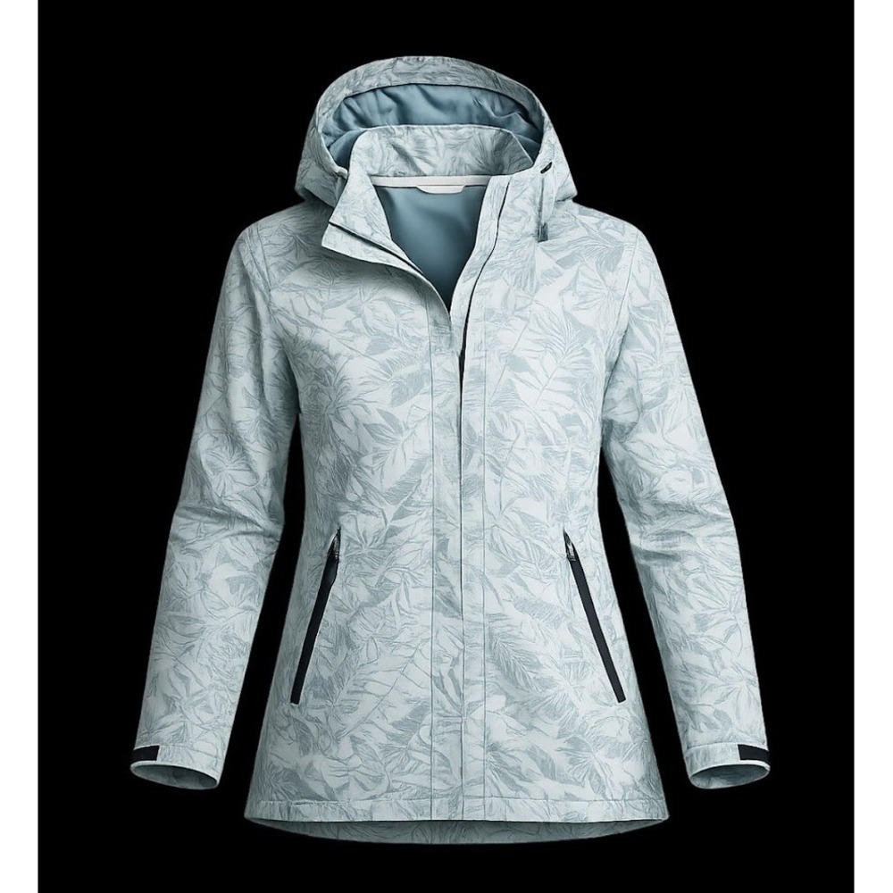 Explore Women Grey Tropical Monstera Leaf Print Hooded Windbreaker Jacket Small